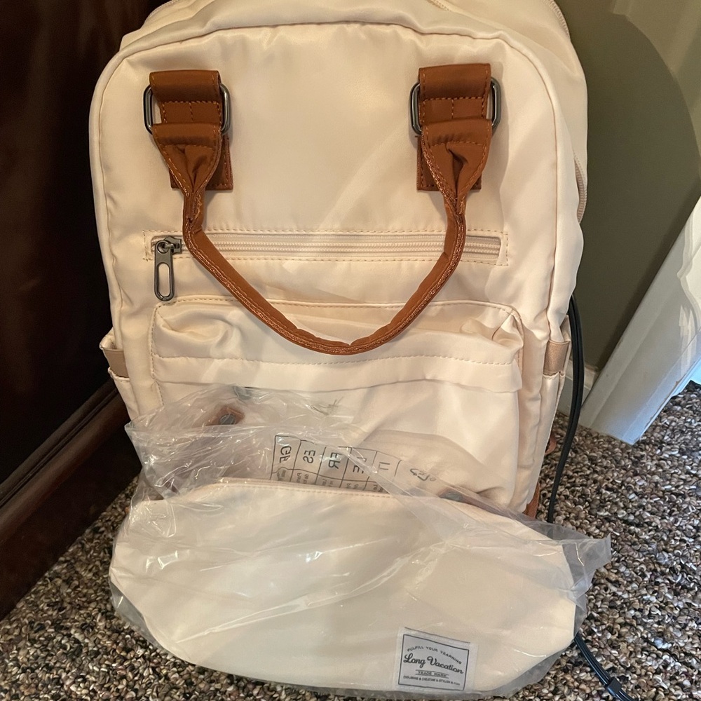 Cream and Tan Backpack and Cosmetic bag.  New